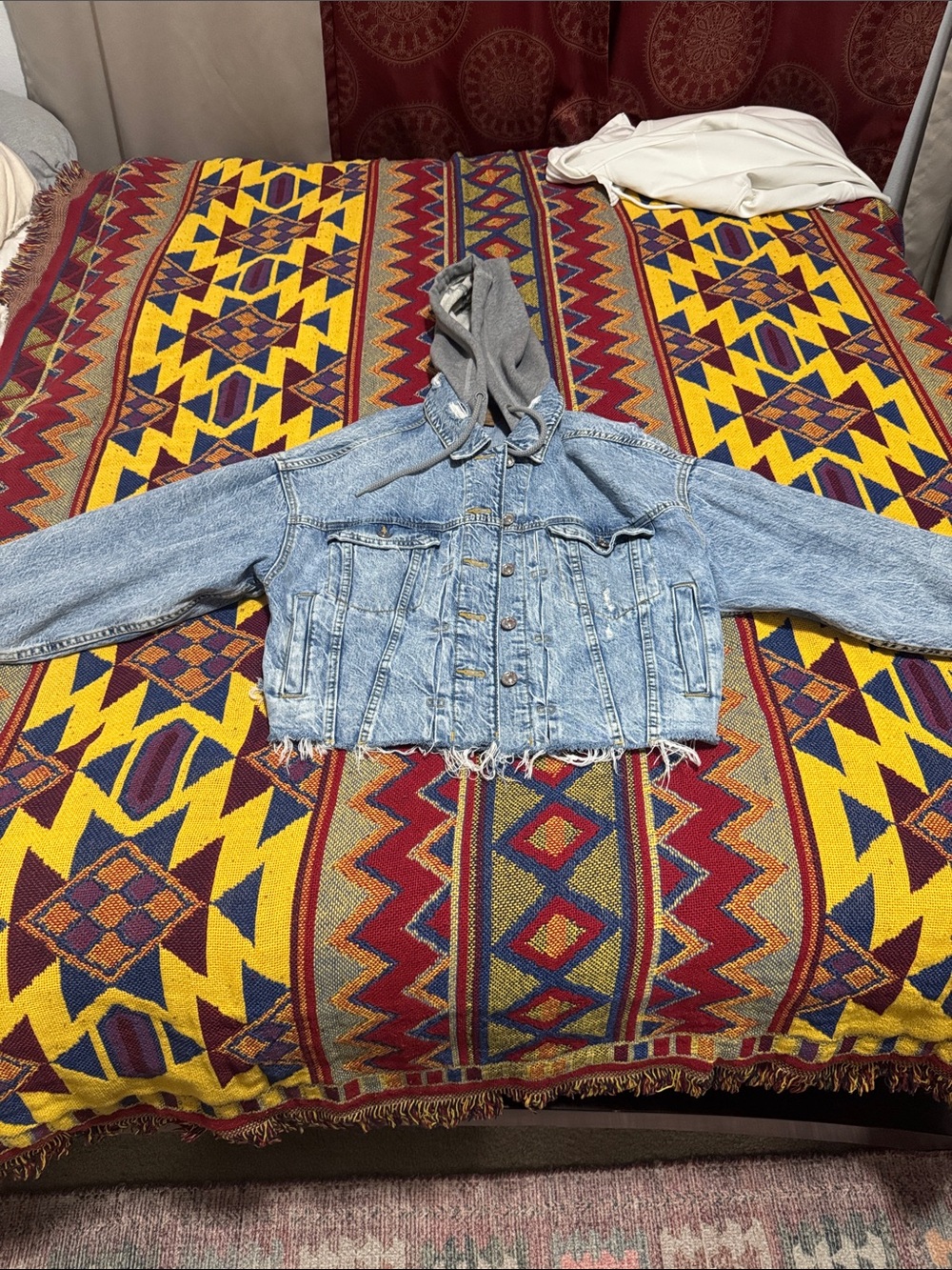 American Eagle Outfitters Light Blue Denim Jacket with Gray Hood